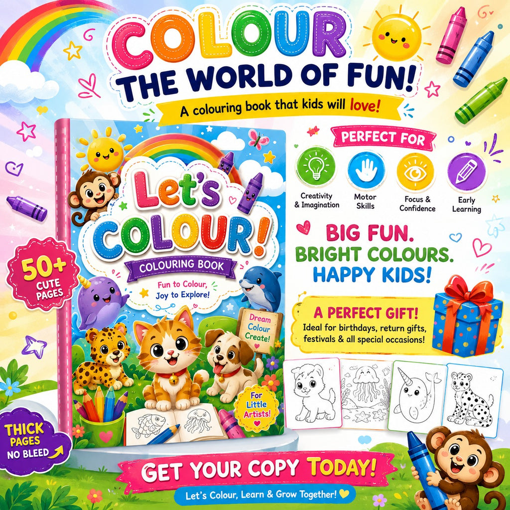 Let's Colour! Kids Creative Combo – Colouring Book (A4, 12 Pages) + Story Book (A5) + 13 Crayons | Organic & Screen-Free | Age 2–8 Years