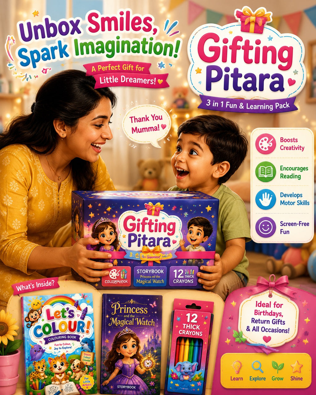 Let's Colour! Kids Creative Combo – Colouring Book (A4, 12 Pages) + Story Book (A5) + 13 Crayons | Organic & Screen-Free | Age 2–8 Years