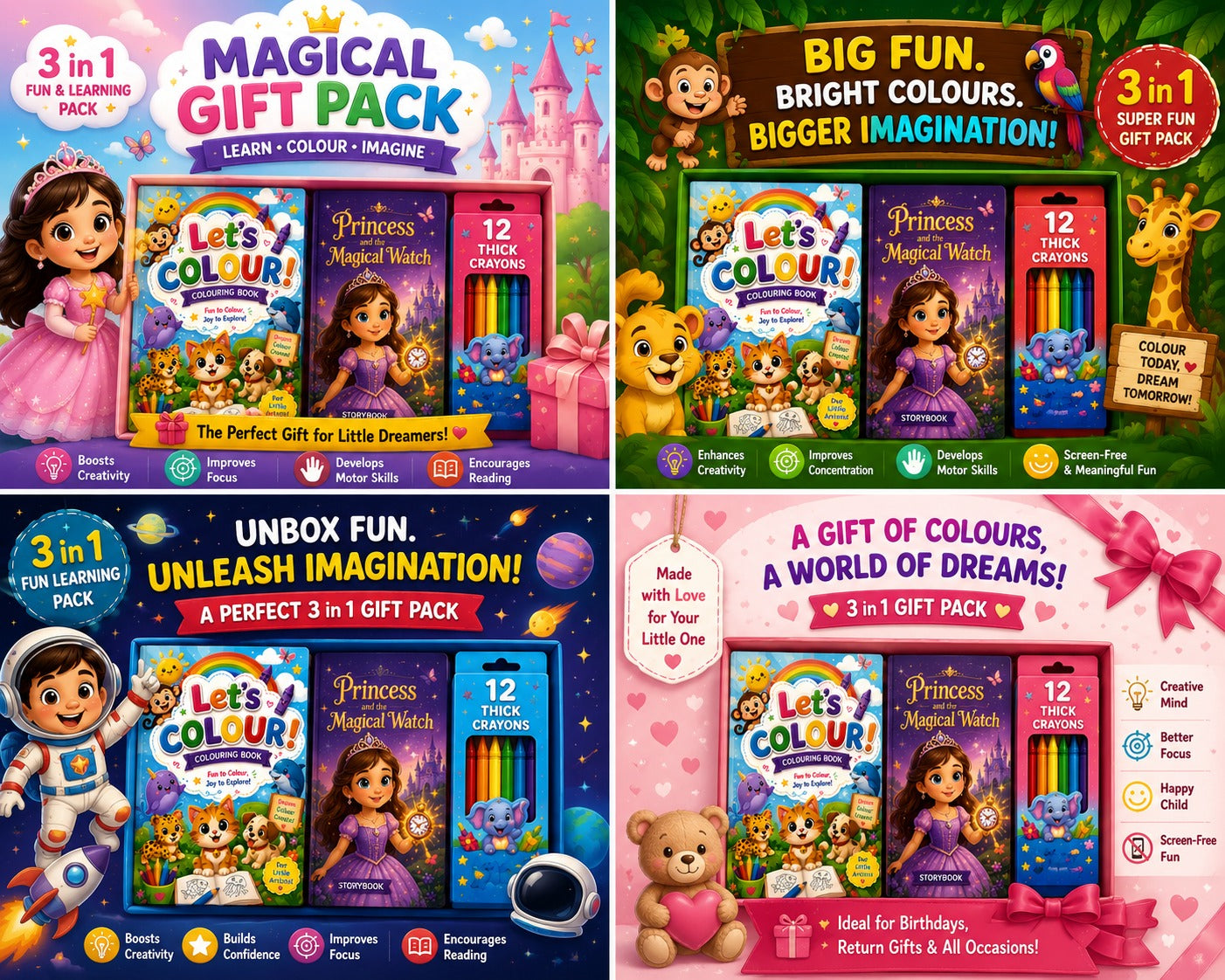 Let's Colour! Kids Creative Combo – Colouring Book (A4, 12 Pages) + Story Book (A5) + 13 Crayons | Organic & Screen-Free | Age 2–8 Years
