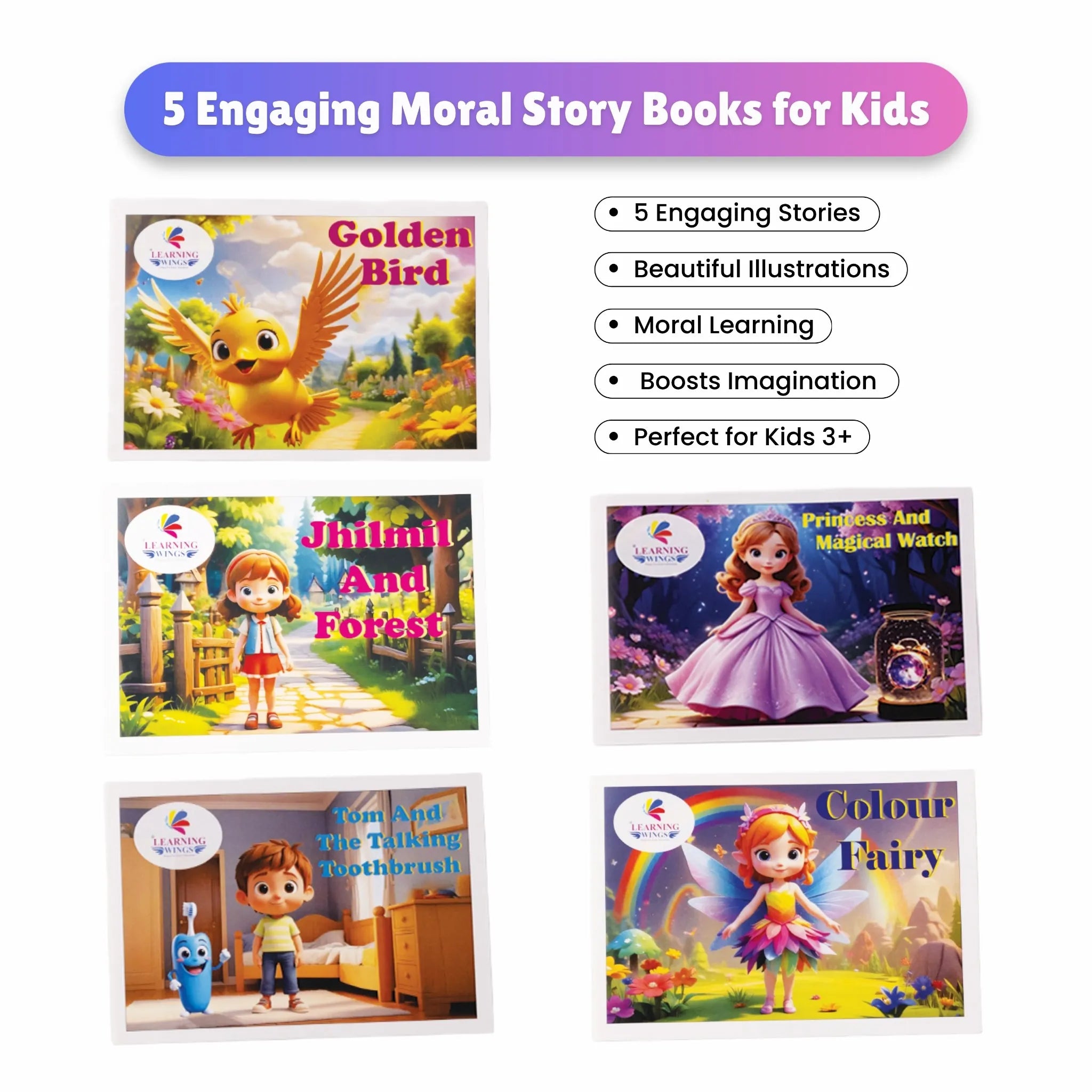 Learning Wings 5 Engaging Moral Story Books for Kids 3+ featuring colourful illustrations, moral lessons, and imaginative stories. 