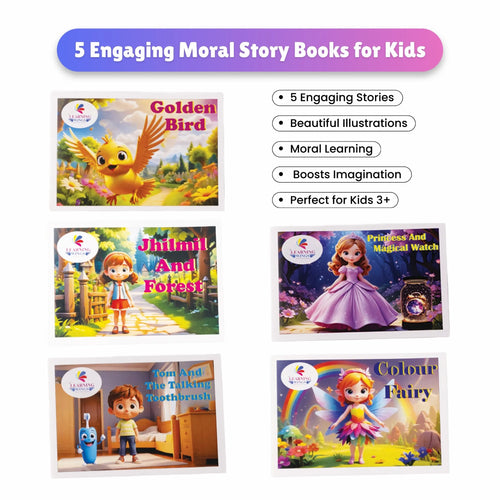Learning Wings 5 Engaging Moral Story Books for Kids 3+ featuring colourful illustrations, moral lessons, and imaginative stories. 