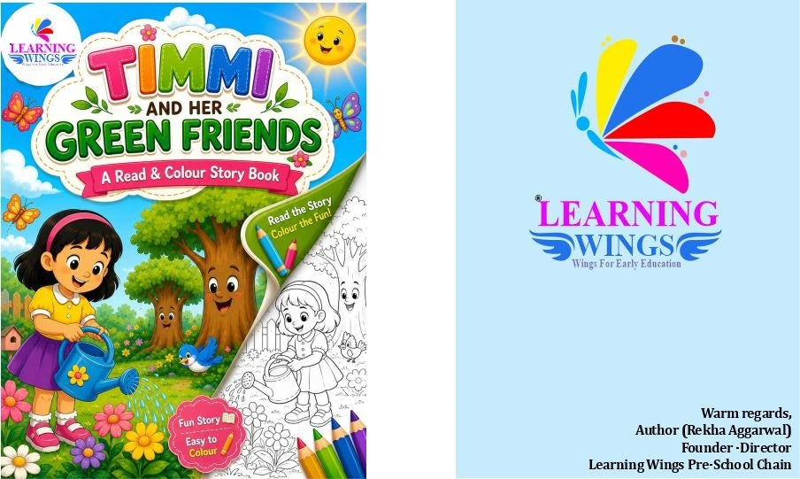Timmi and Her Green Friends: A Read & Colour Story Book shown alongside the Learning Wings logo and contact details on a light blue background.