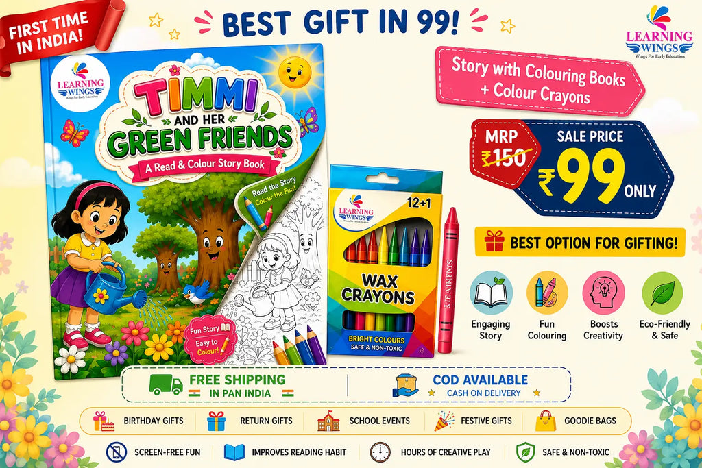 Promotional banner for a Learning Wings gift set featuring 'Timmi and Her Green Friends' story and colour book set with a pack of 12+1 crayons. The graphic includes pricing details (MRP 150, Sale Price 99 only), shipping info, COD availability, and various feature icons on a colorful floral background.