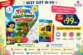 Promotional banner for a Learning Wings gift set featuring 'Timmi and Her Green Friends' story and colour book set with a pack of 12+1 crayons. The graphic includes pricing details (MRP 150, Sale Price 99 only), shipping info, COD availability, and various feature icons on a colorful floral background.