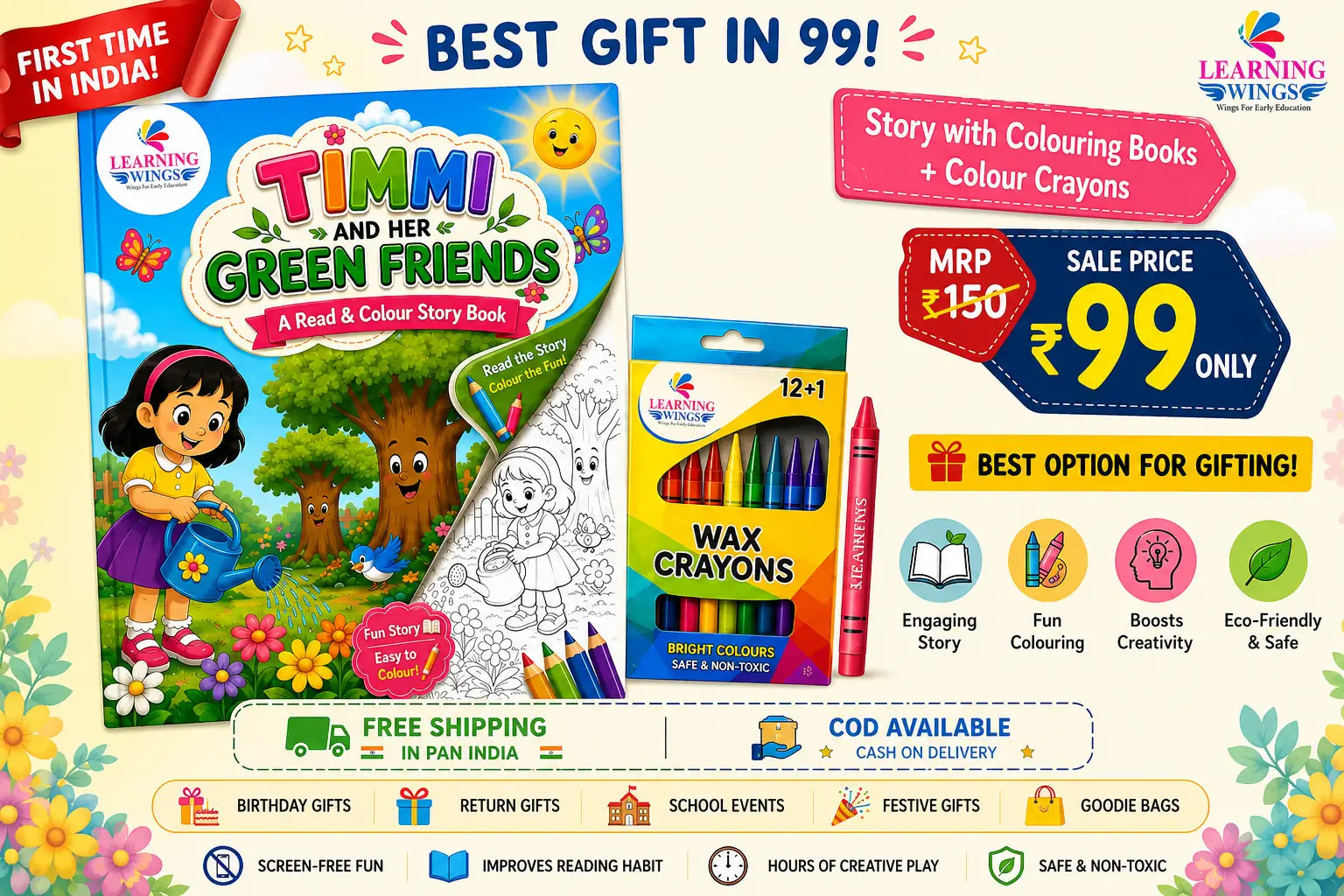 Promotional banner for a Learning Wings gift set featuring 'Timmi and Her Green Friends' story and colour book set with a pack of 12+1 crayons. The graphic includes pricing details (MRP 150, Sale Price 99 only), shipping info, COD availability, and various feature icons on a colorful floral background.