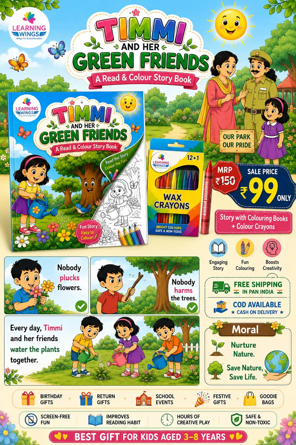 Promotional collage for the children's book 'Timmi and Her Green Friends' by Learning Wings, showing the book cover, a coloring page, a box of crayons, and illustrated scenes of children in a park with marketing text and price information.